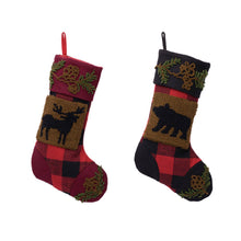 Load image into Gallery viewer, Plaid Stocking With Rug Hooked Stocking(Reindeer&amp; Bear),Set of 2
