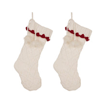 Load image into Gallery viewer, 22&quot;L Knitted  Polyester White Christmas Stocking  With Red Trim &amp; Pompom Set of 2
