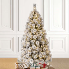 Load image into Gallery viewer, 6ft Pre-Lit Snow Flocked Pencil Pine Artificial Christmas Tree with 300 Warm White Lights
