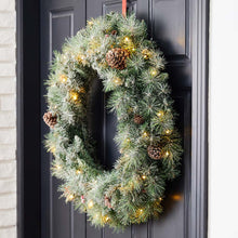 Load image into Gallery viewer, 30&quot;D Pre-Lit Glittered Pine Cone Christmas Wreath with 50 Warm White Lights
