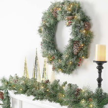 Load image into Gallery viewer, 30&quot;D Pre-Lit Glittered Pine Cone Christmas Wreath with 50 Warm White Lights
