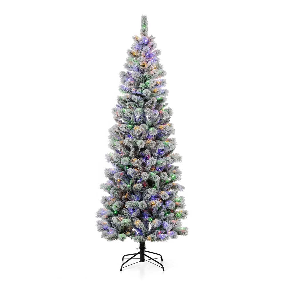 7.5ft Pre-Lit Snow Flocked Pencil Pine Artificial Christmas Tree with 300 Warm White/Multi-Color Lights