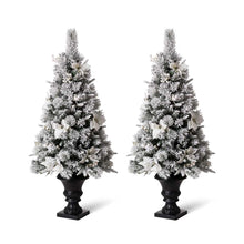 Load image into Gallery viewer, 4ft Pre-Lit Pine Artificial Christmas Porch Tree with 100 Warm White Lights and Poinsettias, Set of 2
