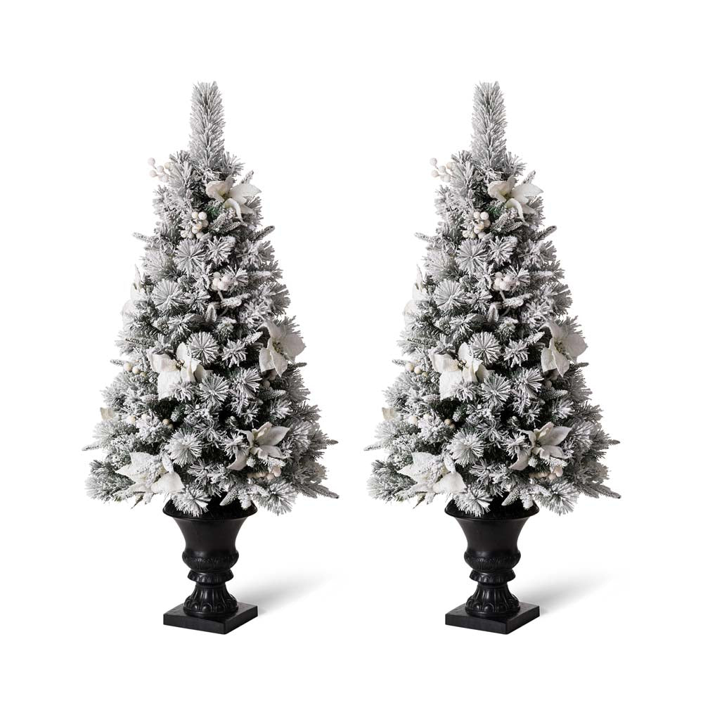 4ft Pre-Lit Pine Artificial Christmas Porch Tree with 100 Warm White Lights and Poinsettias, Set of 2