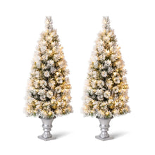 Load image into Gallery viewer, 5ft Pre-Lit Snow Flocked Pine Artificial Christmas Porch Tree with 150 Warm White Lights, Set of 2
