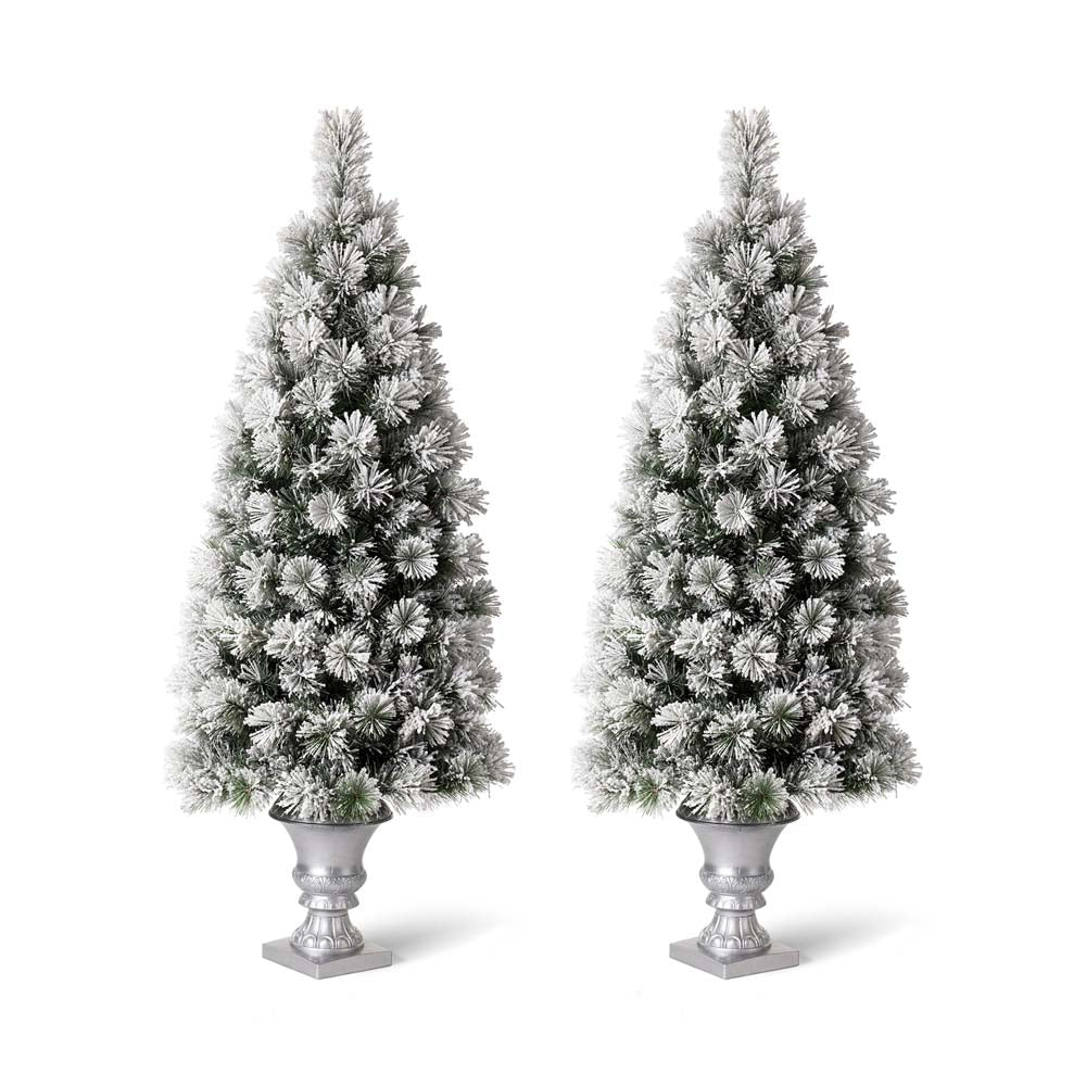 5ft Pre-Lit Snow Flocked Pine Artificial Christmas Porch Tree with 150 Warm White Lights, Set of 2