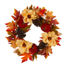 Load image into Gallery viewer, 22&quot;D Blooming Magnolia Wreath with Velvet Pumpkin and Pinecone
