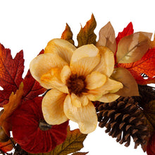 Load image into Gallery viewer, 22&quot;D Blooming Magnolia Wreath with Velvet Pumpkin and Pinecone
