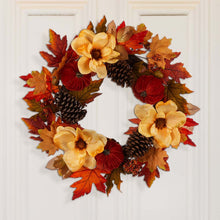 Load image into Gallery viewer, 22&quot;D Blooming Magnolia Wreath with Velvet Pumpkin and Pinecone
