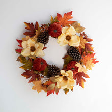 Load image into Gallery viewer, 22&quot;D Blooming Magnolia Wreath with Velvet Pumpkin and Pinecone
