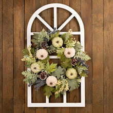 Load image into Gallery viewer, 22&quot;D Pumpkin Wreath with 36&quot;H Wooden Window Frame
