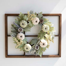 Load image into Gallery viewer, 22&quot;D Pumpkin Wreath with 28&quot;L Wooden Window Frame
