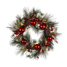 Load image into Gallery viewer, 24“D LED Pre-Lit Greenery Berry Holly Pine cone Red Ornament Wreath
