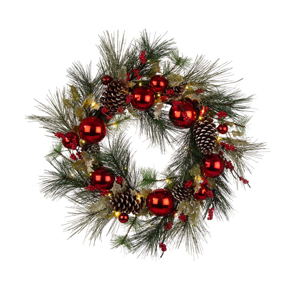 24“D LED Pre-Lit Greenery Berry Holly Pine cone Red Ornament Wreath