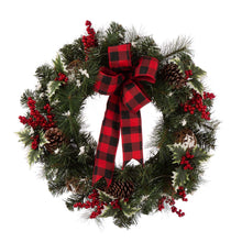 Load image into Gallery viewer, 24&quot;D LED Pre-Lit Greenery Buffalo Bow Berry Holly Pine cone Rattan Ornament Wreath
