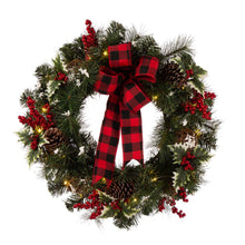 Load image into Gallery viewer, 24&quot;D LED Pre-Lit Greenery Buffalo Bow Berry Holly Pine cone Rattan Ornament Wreath
