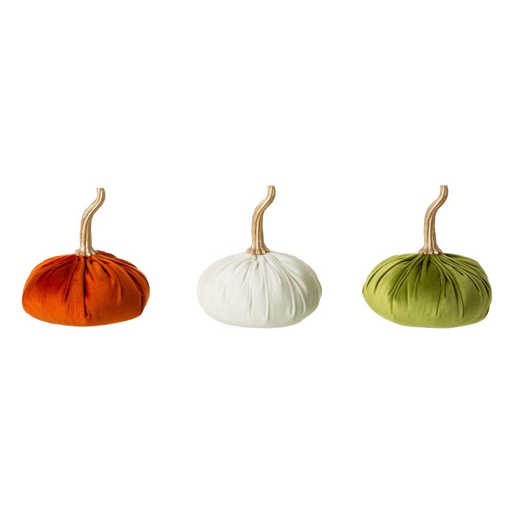 Orange/White/Green Velvet Pumpkins Decor, Set of 3