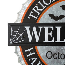 Load image into Gallery viewer, 14&quot;L Lighted Halloween WELCOME Metal Bottle Cap Wall Sign
