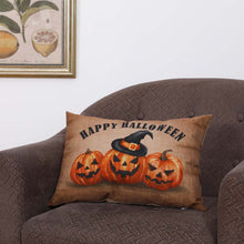 Load image into Gallery viewer, 18&quot;L Faux Burlap HAPPY HALLOWEEN Pumpkin Pillow
