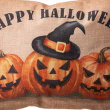 Load image into Gallery viewer, 18&quot;L Faux Burlap HAPPY HALLOWEEN Pumpkin Pillow
