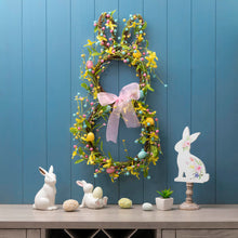 Load image into Gallery viewer, 24.5&quot;H Easter Bunny Shaped Wreath with Eggs &amp; Pink Satin Ribbon Bow
