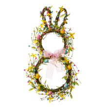 Load image into Gallery viewer, 24.5&quot;H Easter Bunny Shaped Wreath with Eggs &amp; Pink Satin Ribbon Bow
