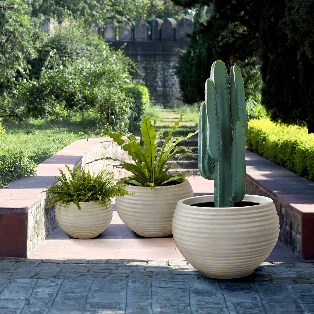 Eco-friendly Large Faux Porcelain Round Polyresin Fluted Planters, Set of 3