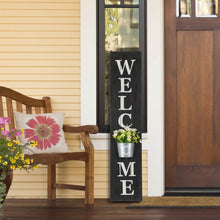 Load image into Gallery viewer, 42&quot;H Wooden Black WELCOME Porch Sign with Metal Planter
