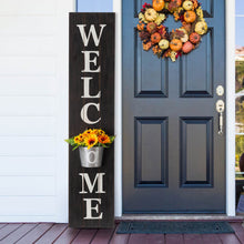 Load image into Gallery viewer, 42&quot;H Wooden Black WELCOME Porch Sign with Metal Planter
