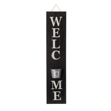 Load image into Gallery viewer, 42&quot;H Wooden Black WELCOME Porch Sign with Metal Planter
