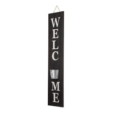 Load image into Gallery viewer, 42&quot;H Wooden Black WELCOME Porch Sign with Metal Planter
