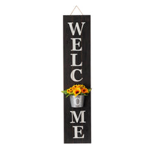 Load image into Gallery viewer, 42&quot;H Wooden Black WELCOME Porch Sign with Metal Planter
