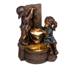 Load image into Gallery viewer, 25.5&quot;H Polyresin Boy and Girl Sculptural Outdoor Fountain With Pump and LED Lights
