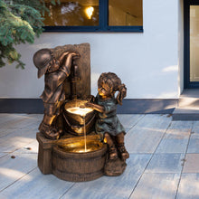 Load image into Gallery viewer, 25.5&quot;H Polyresin Boy and Girl Sculptural Outdoor Fountain With Pump and LED Lights
