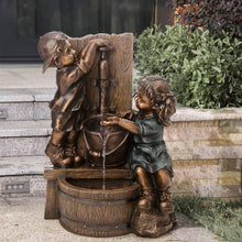 Load image into Gallery viewer, 25.5&quot;H Polyresin Boy and Girl Sculptural Outdoor Fountain With Pump and LED Lights
