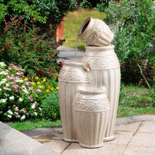 Load image into Gallery viewer, 27.25&quot;H 3-Tier Sand Beige Embossed Pattern Ceramic Pots Fountain with Pump and LED Light
