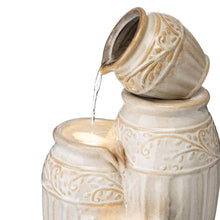 Load image into Gallery viewer, 27.25&quot;H 3-Tier Sand Beige Embossed Pattern Ceramic Pots Fountain with Pump and LED Light
