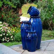 Load image into Gallery viewer, 27.25&quot;H 3-Tier Cobalt Blue Embossed Pattern Ceramic Pots Fountain with Pump and LED Light
