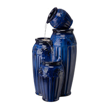 Load image into Gallery viewer, 27.25&quot;H 3-Tier Cobalt Blue Embossed Pattern Ceramic Pots Fountain with Pump and LED Light
