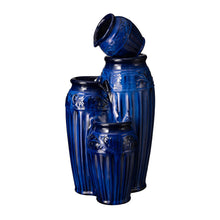 Load image into Gallery viewer, 27.25&quot;H 3-Tier Cobalt Blue Embossed Pattern Ceramic Pots Fountain with Pump and LED Light
