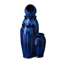 Load image into Gallery viewer, 27.25&quot;H 3-Tier Cobalt Blue Embossed Pattern Ceramic Pots Fountain with Pump and LED Light
