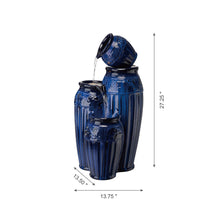 Load image into Gallery viewer, 27.25&quot;H 3-Tier Cobalt Blue Embossed Pattern Ceramic Pots Fountain with Pump and LED Light
