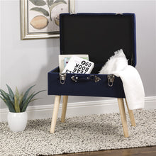 Load image into Gallery viewer, 19.70&quot;L Navy Blue Velvet Upholstered Storage Stool with Natural Solid Rubberwood Legs
