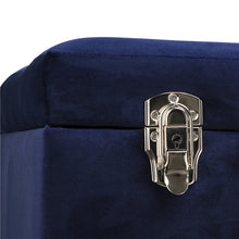 Load image into Gallery viewer, 19.70&quot;L Navy Blue Velvet Upholstered Storage Stool with Natural Solid Rubberwood Legs
