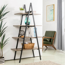 Load image into Gallery viewer, 64.5&quot;H Modern Industrial Rustic Oak Melamine 4-Tier Leaning Bookcases &amp; Ladder Shelves
