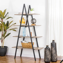 Load image into Gallery viewer, 64.5&quot;H Modern Industrial Rustic Oak Melamine 4-Tier Leaning Bookcases &amp; Ladder Shelves
