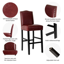 Load image into Gallery viewer, 45&quot;H Burgundy PU Leather Upholstered Bar Chair with Studded Decor, Set of 2
