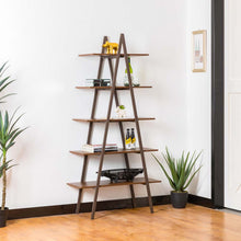 Load image into Gallery viewer, 72&quot;H Modern Industrial Brown Wood/Metal 5-Tier &quot;A&quot; Frame Bookcases &amp; Shelves
