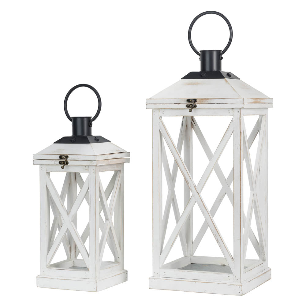 Wash White Farmhouse Modern Wooden Lanterns, Set of 2