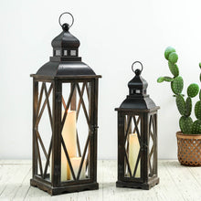 Load image into Gallery viewer, Black Farmhouse Wooden Lanterns With Diamond Window Frame,  Set of 2
